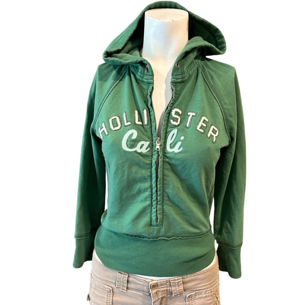 Vintage Y2K Hollister Sweatshirt Women's Large Green Hoodie‎ 3/4 Sleeves 2000’s